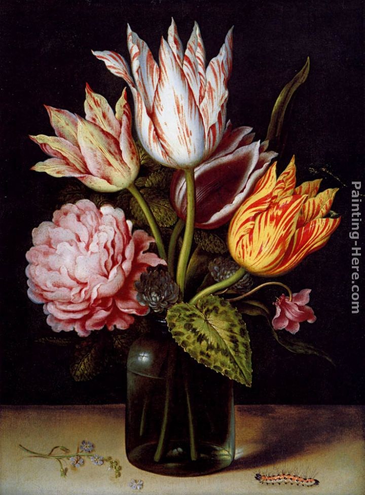 Ambrosius Bosschaert the Elder A Still Life With A Bouquet Of Tulips, A Rose, Clover And A Cylclamen In A Green Glass Bottle